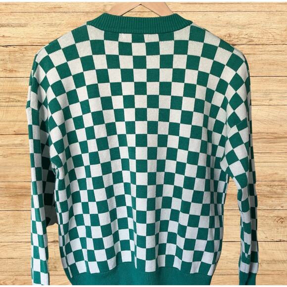 Green Checkboard Crew Neck Pullover Sweater – Kelly Green & White, Size S - Picture 3 of 6